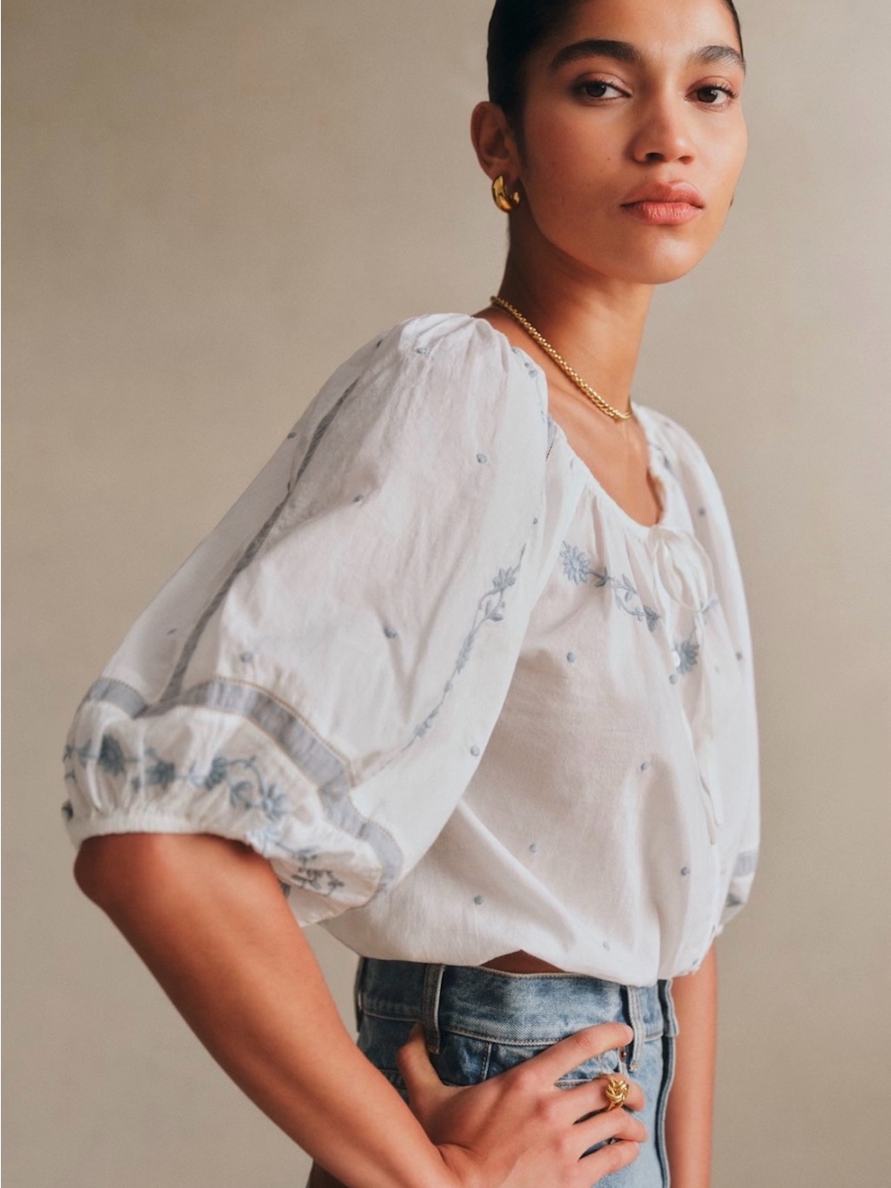 Sezane Camelia White Blue Embroidered Shirt/Blouse